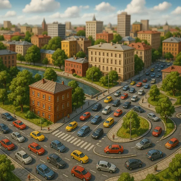 This image depicts a detailed scale model of a bustling city, showcasing realistic traffic on its streets.