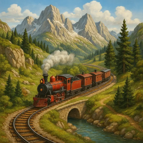 A vibrant miniature train set is depicted winding through a picturesque mountain landscape.
