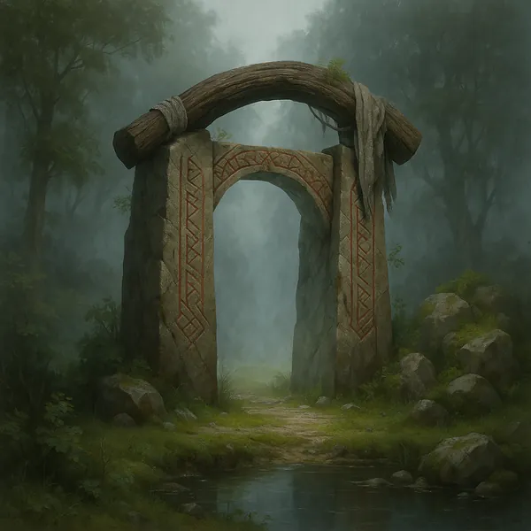 This image portrays a mystical glade shrouded in mist, featuring a prominent stone portal at its center.