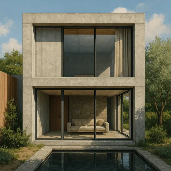 This image showcases a minimalist concrete house featuring large, floor-to-ceiling windows that allow natural light to flood the interior spaces.