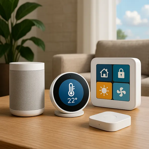 The image showcases a collection of sleek smart home devices arranged on a wooden table in a contemporary living room.