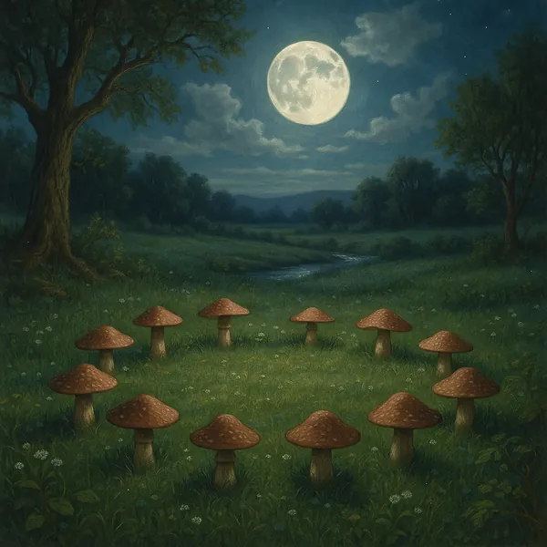 This enchanting image captures a serene night scene in a lush meadow illuminated by a full moon.