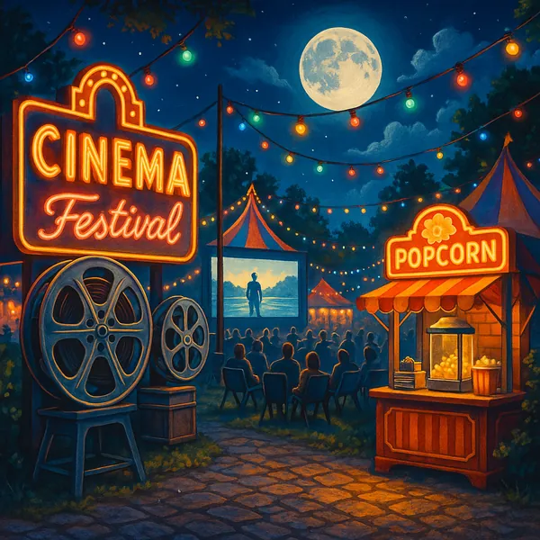 This vibrant image captures a lively outdoor cinema festival under a full moon.