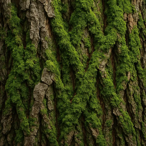 This image showcases a section of tree bark adorned with vibrant green moss.