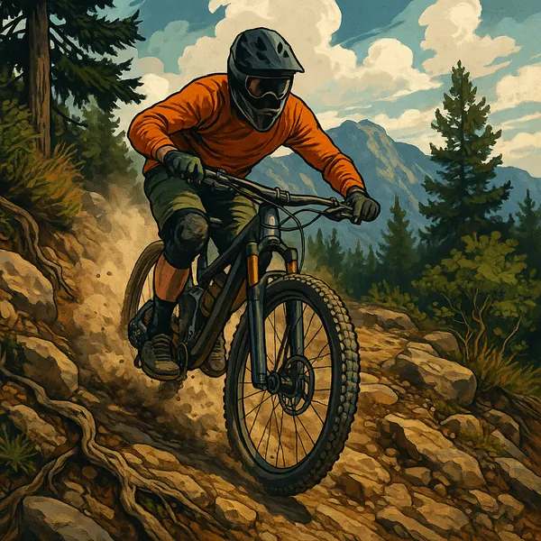 A dynamic illustration captures a mountain biker navigating a rugged trail.