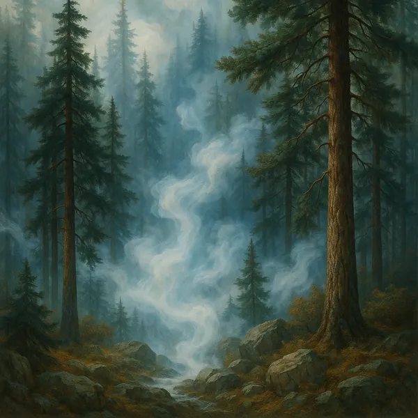 This captivating image showcases a serene forest scene, where ethereal fog drifts gently between towering pine trees.