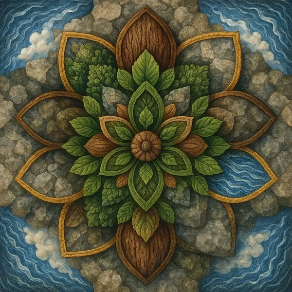 This image features a kaleidoscopic mandala with intricate symmetry, inspired by elements of nature.