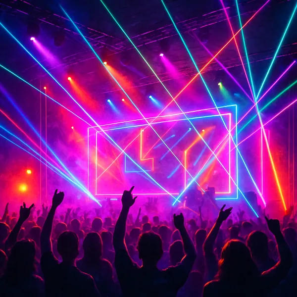 This vibrant image captures the electrifying atmosphere of a concert stage, illuminated by dazzling neon lights and colorful lasers.