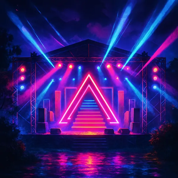 This image captures a vibrant concert stage illuminated at night with striking neon colors.