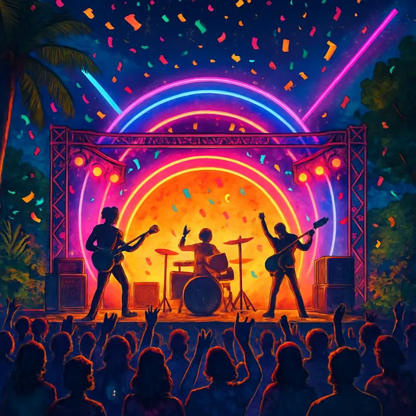 This vibrant image captures the essence of a lively music festival, featuring a stage illuminated by neon lights in a spectrum of pink, blue, and orange hues.