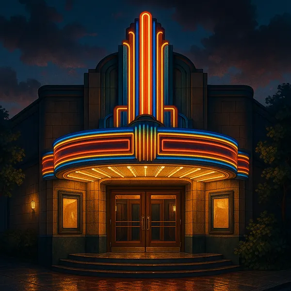 This image showcases the entrance of an art deco cinema, illuminated by vibrant neon lights.
