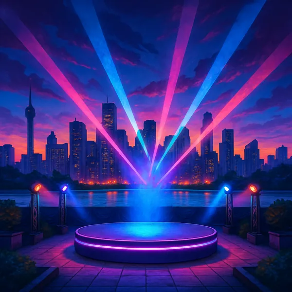 This image captures a vibrant city skyline at dusk, featuring a dynamic and colorful palette of blues, purples, and pinks.