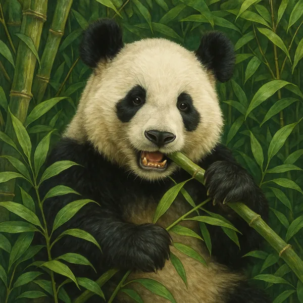 A charming panda is captured in the midst of a lush green bamboo forest, enjoying a meal of fresh bamboo shoots.
