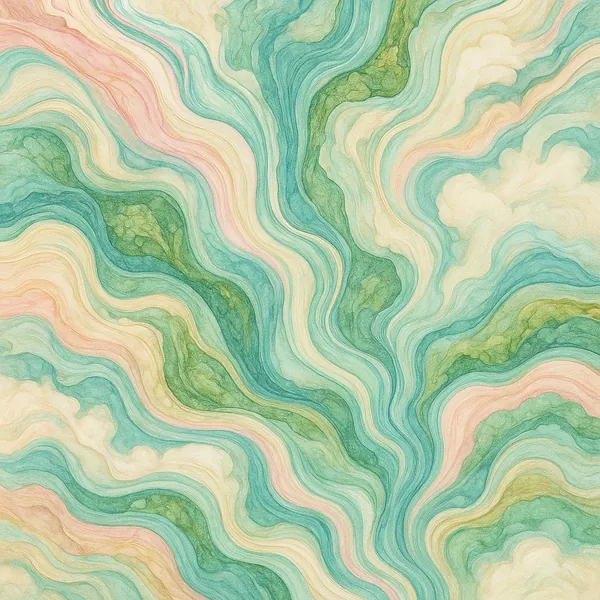 This image features a mesmerizing array of fluid, marbled ink swirls in soft pastel tones.