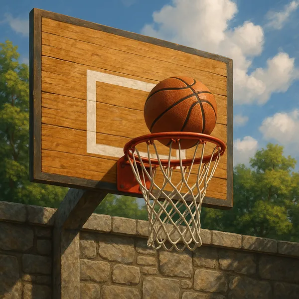 This image captures the dynamic moment of a basketball poised to score as it hovers above the hoop.