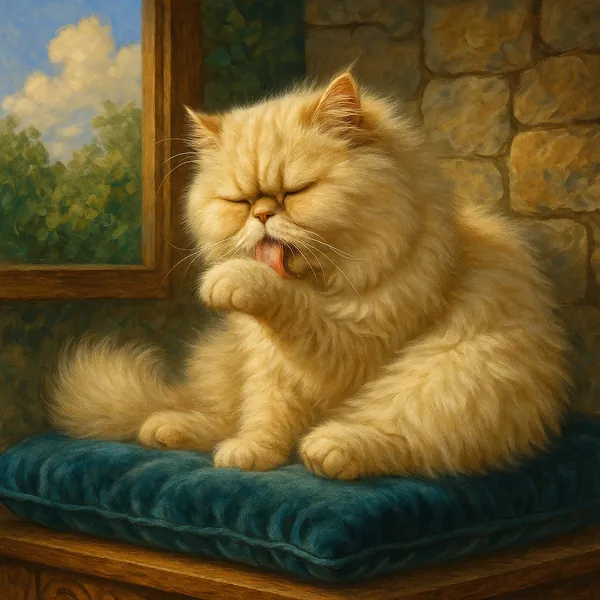 A fluffy Persian cat is depicted grooming its paw while sitting comfortably on a plush, velvet cushion.