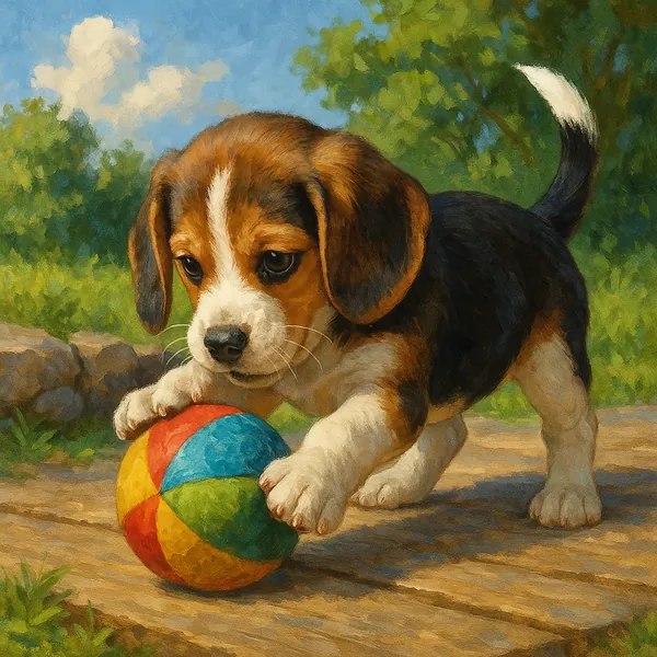 The image depicts a charming beagle puppy engaged in playful activity with a vibrant, multicolored ball.