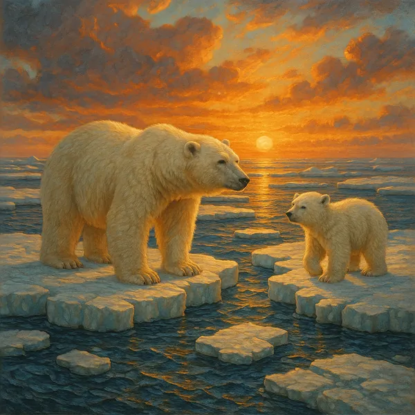In this serene image, two polar bears are depicted on drifting sea ice under a vibrant sunset sky.