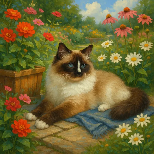 This image features a serene Ragdoll cat lounging comfortably on a blue blanket in a vibrant garden.