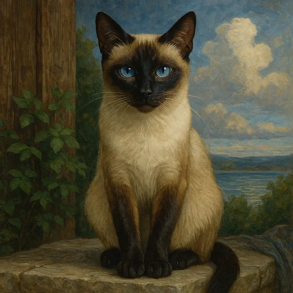 The image features a Siamese cat with striking blue eyes, sitting majestically on a stone surface.