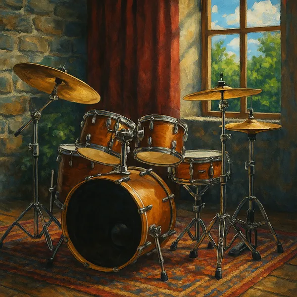 The image depicts a classic drum kit set up in a cozy rehearsal space.