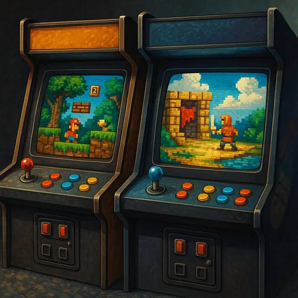 This image features two classic arcade machines side by side, each displaying vibrant pixelated games.