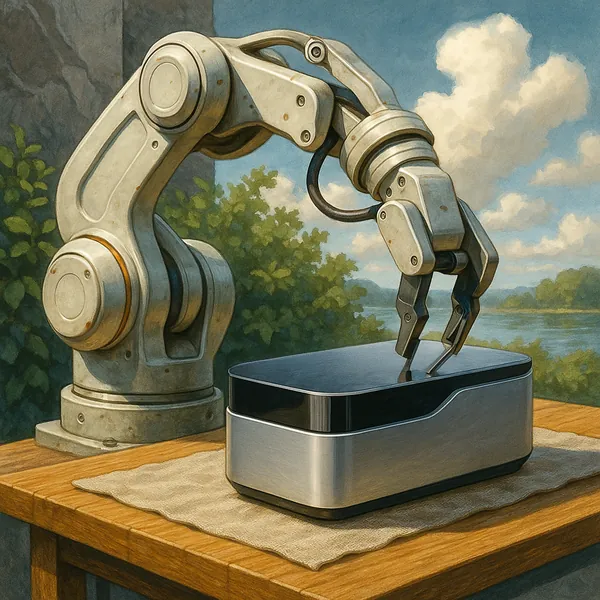 A robotic arm is depicted in the process of assembling a sleek, modern product on a wooden table.