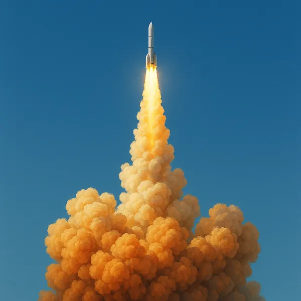 This striking image captures a powerful rocket launch against a clear blue sky.