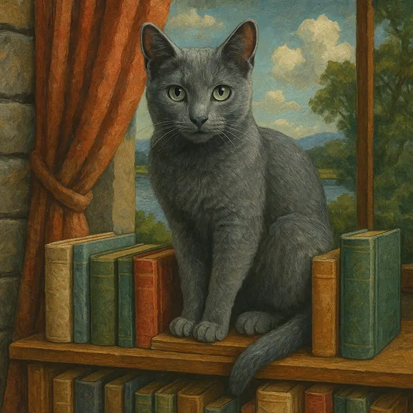 A serene Russian Blue cat sits gracefully on a wooden bookshelf, surrounded by an assortment of colorful books.