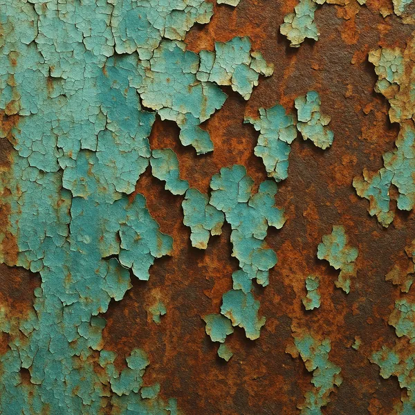 This image captures the intriguing texture of weathered metal, with a surface covered in peeling turquoise paint.