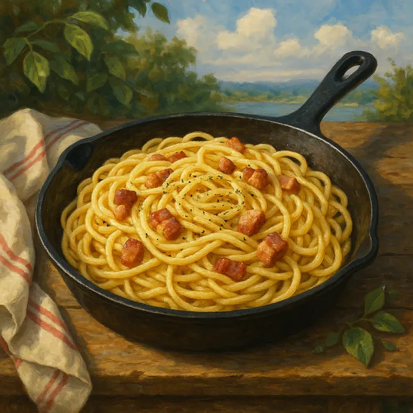 This image showcases a classic Italian pasta carbonara, elegantly presented in a cast-iron skillet.