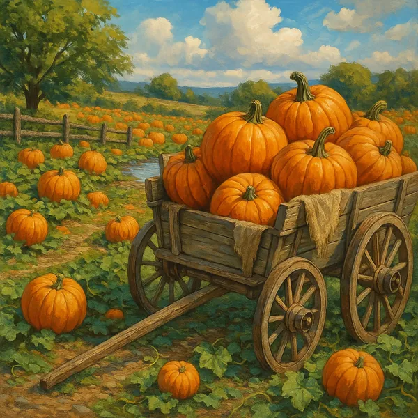 This image depicts a charming rustic scene set in a lush pumpkin patch.