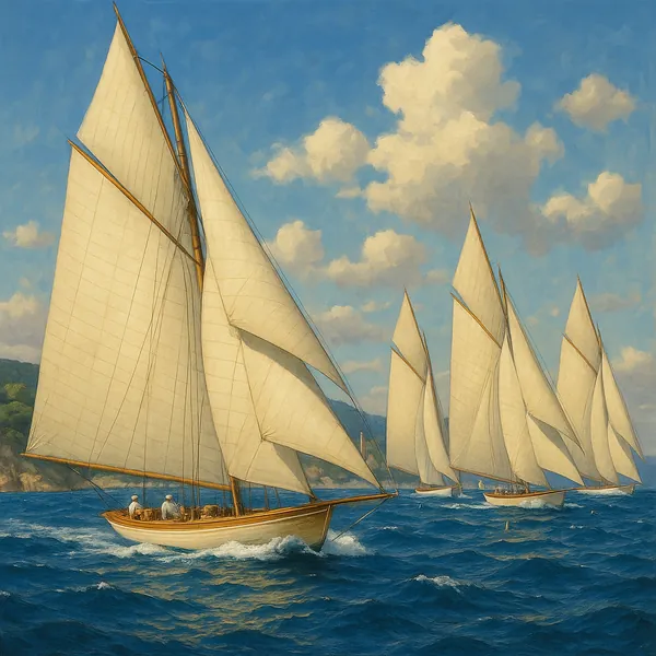 This image captures a vibrant scene of a sailboat regatta on a deep blue sea under a clear sky.