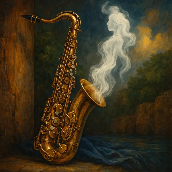 This captivating image features a detailed saxophone set against a rich, textured background.