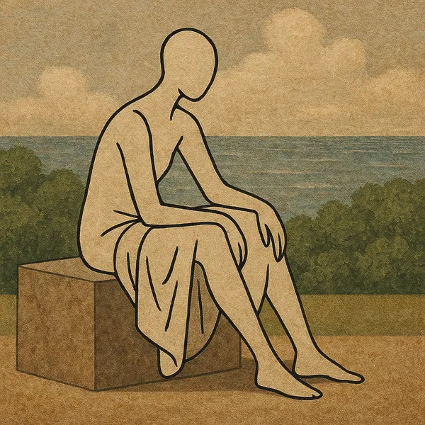 This image presents a minimalist line art depiction of a seated figure.