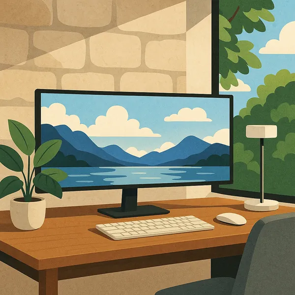 This image showcases a minimalist workspace featuring an ultrawide monitor displaying a tranquil landscape of mountains and a lake under a clear sky.