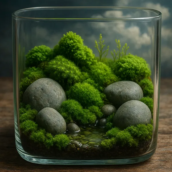 This image showcases a beautifully crafted micro garden terrarium, featuring lush green moss and smooth gray stones.
