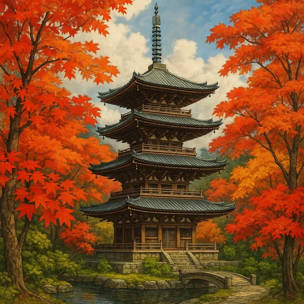 This image captures a traditional Japanese pagoda nestled among vibrant maple trees in full autumn splendor.
