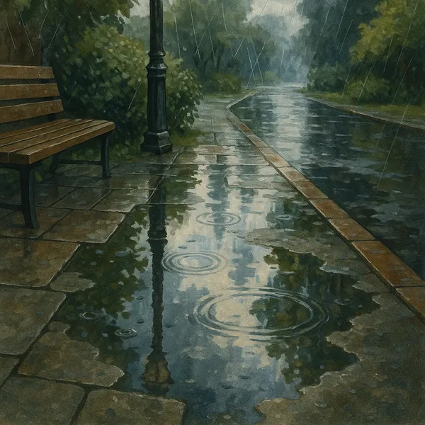 This image captures a tranquil scene of a rainy day in a park.