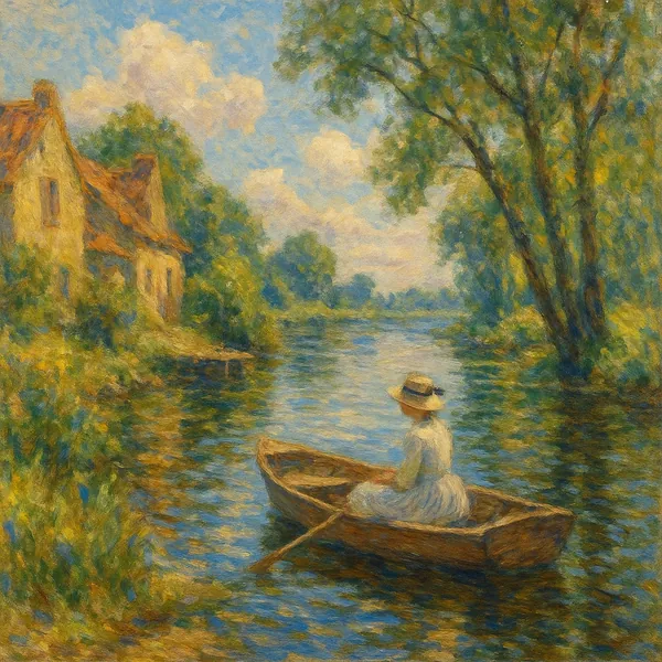 This impressionist painting captures a tranquil riverside scene with soft, fluid brushstrokes.