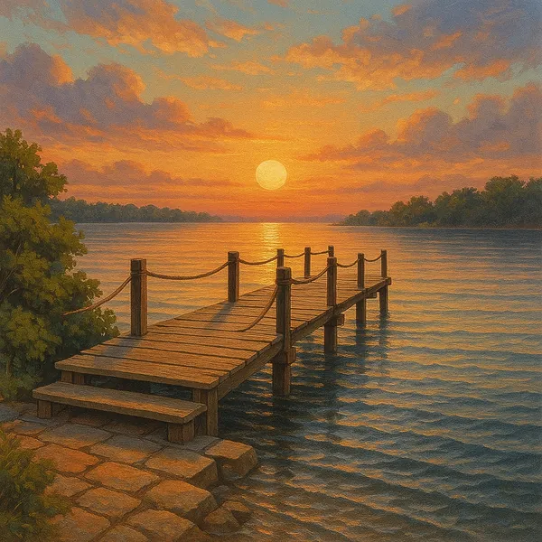 This image captures a serene sunset over a wooden pier extending into calm waters.