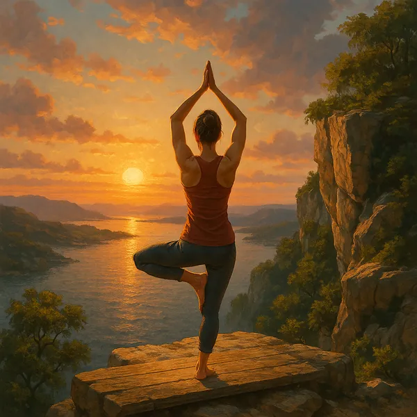 A person stands in a yoga pose on a cliff, greeting the sunrise over a tranquil body of water.
