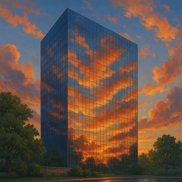 The image showcases a modern glass skyscraper reflecting a vibrant sunset sky.