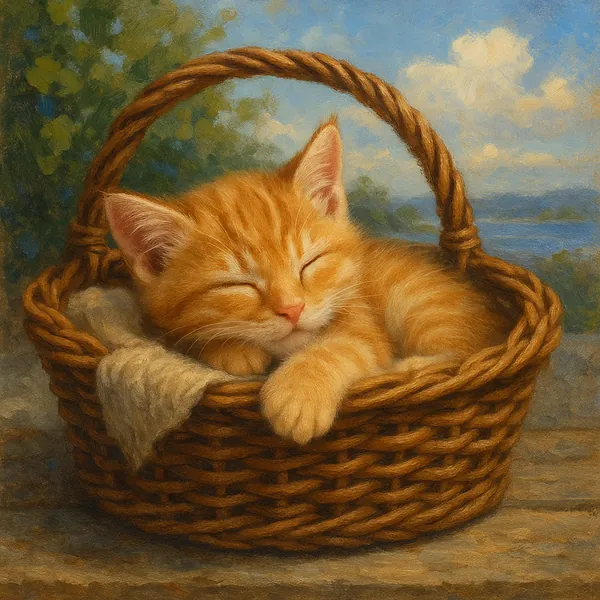 An orange tabby kitten is peacefully sleeping in a wicker basket, creating a serene and cozy scene.