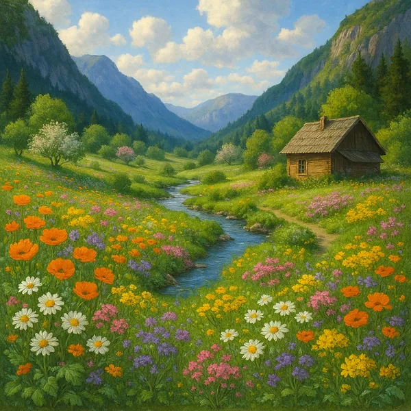This picturesque scene captures a serene valley filled with vibrant spring flowers in full bloom.