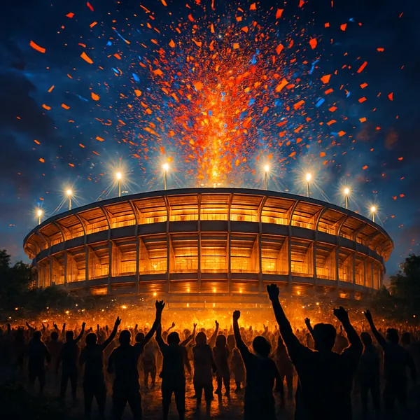 The image captures a vibrant scene outside an illuminated stadium, where a crowd of silhouetted figures raises their arms in celebration.