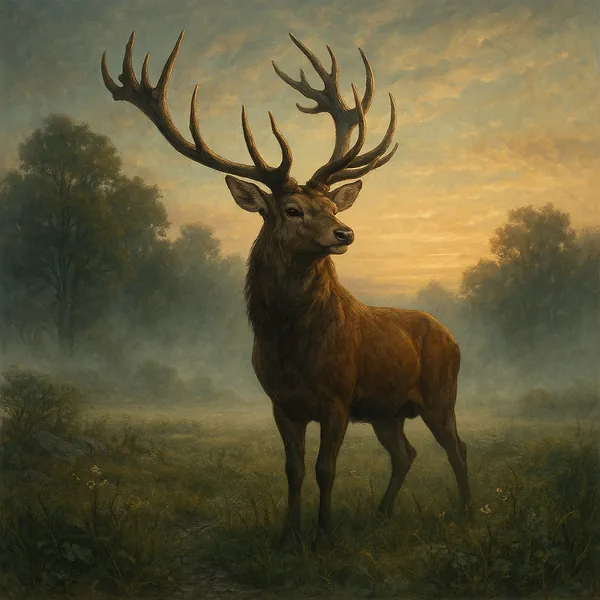 This image portrays a majestic stag standing proudly in a misty meadow at dawn.