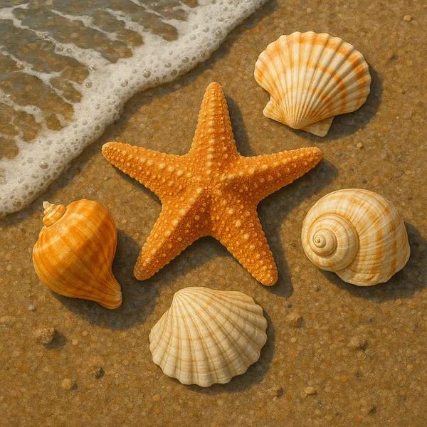 The image captures a serene beach scene where a vibrant orange starfish rests on the wet sand, surrounded by an array of seashells.