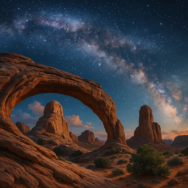 This captivating image showcases the Milky Way arching gracefully over a rugged desert landscape.