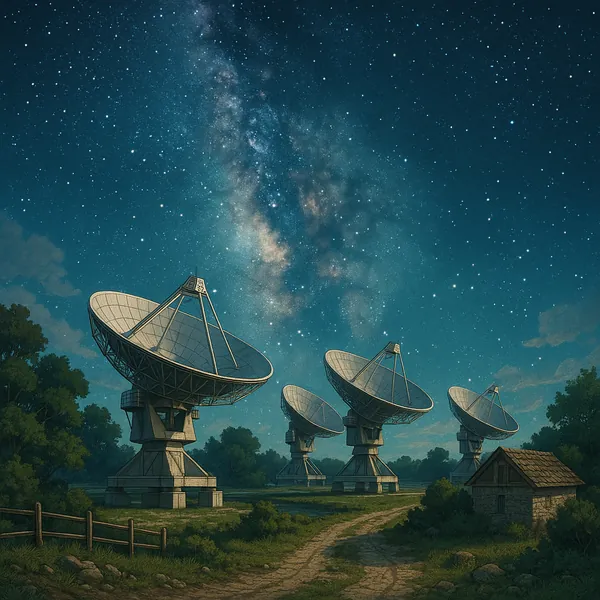 This image depicts a serene night scene featuring a series of satellite dishes under a clear, star-filled sky.